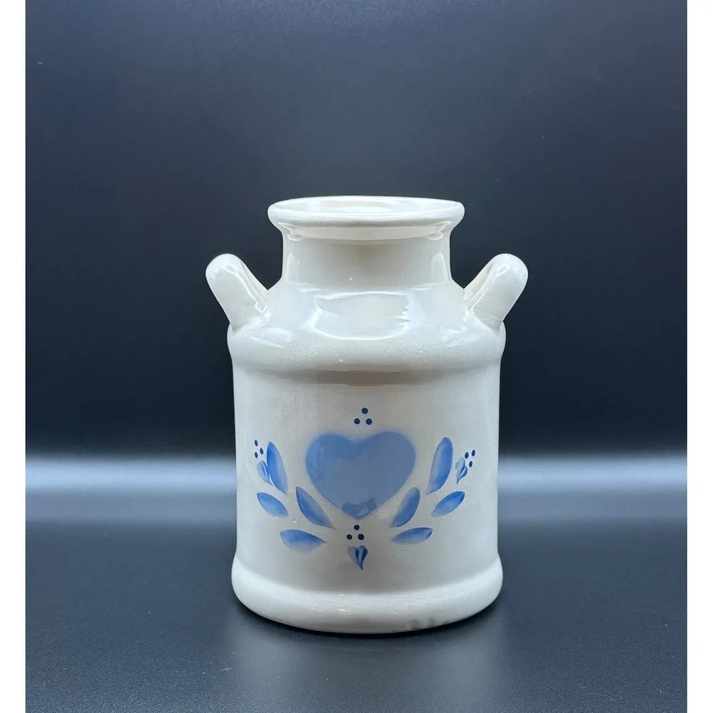 Lasting Products Vintage Ceramic Milk Can Vase Hand Painted Blue Heart Farmhouse